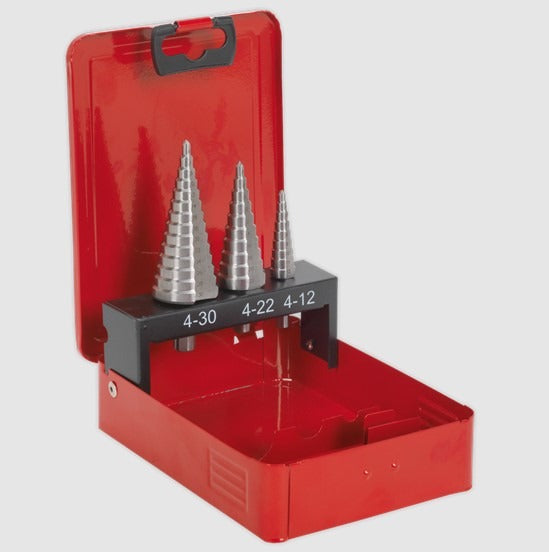 Sealey
Double Flute HSS M2 Step Drill Bit Set 3pc