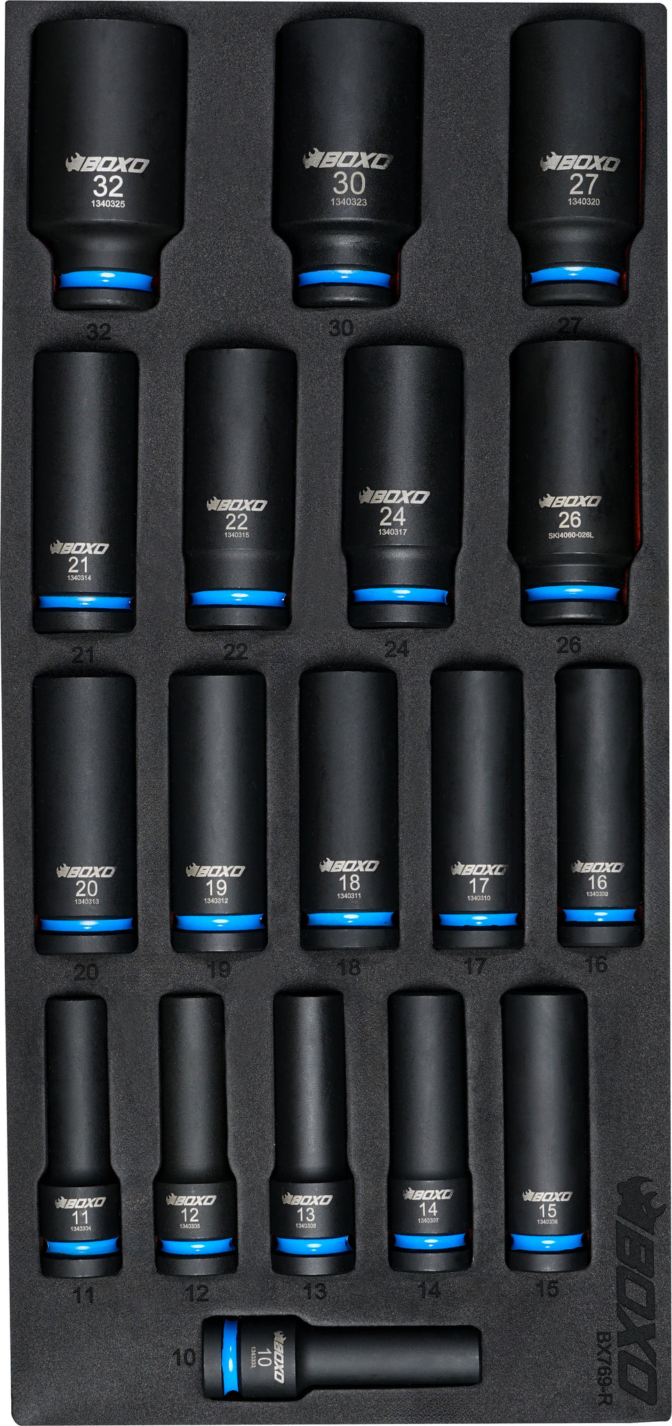 Boxo BX769-R 1/2" Drive Deep Impact Socket Set In Foam - 18 Piece