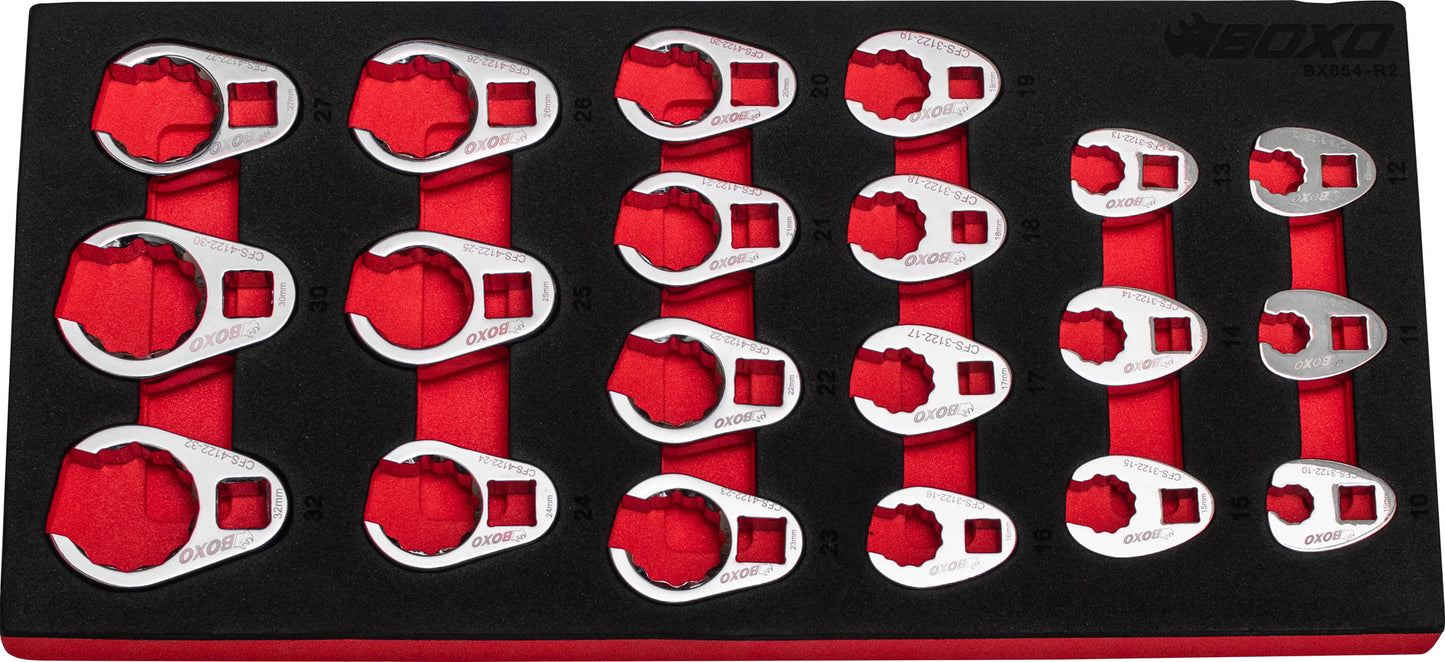Boxo BX654-R2 3/8" & 1/2" 12 Point Master Crow Foot Wrench Set In EVA Foam - 20 Piece
