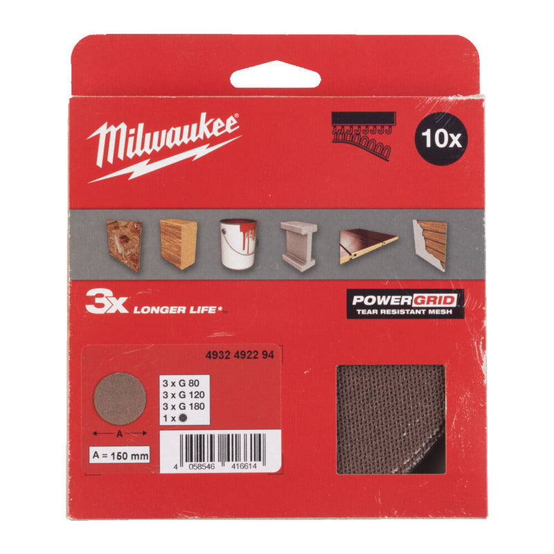 Milwaukee 4932492293 125mm Power Grid Mesh Sanding Discs and Pad Saver – Pack of 10