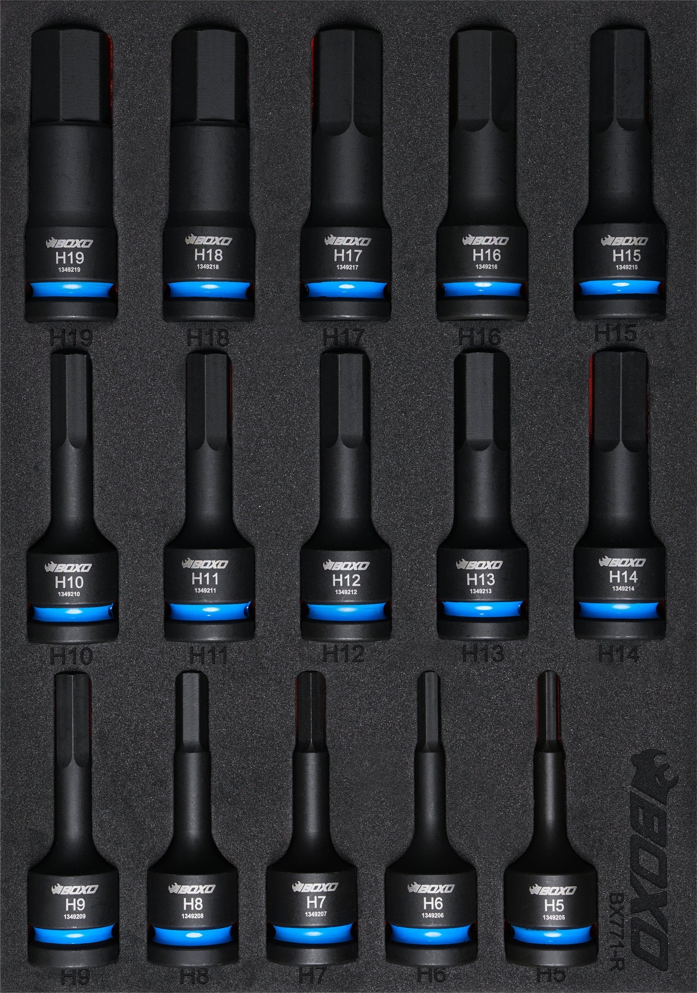 Boxo BX771-R 1/2" Impact Hex Bit Socket Set In Foam - 15 Piece