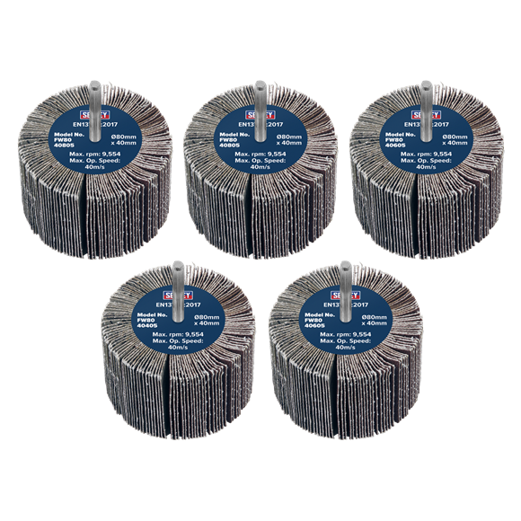 Sealey
80 x 40mm Abrasive Flap Wheel on 6mm Shaft Assorted Grit - Pack of 5