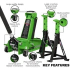 Trolley Jack with Super Rocket Lift 3 Tonne & Axle Stands (Pair) 3 Tonne Capacity per Stand - Green
