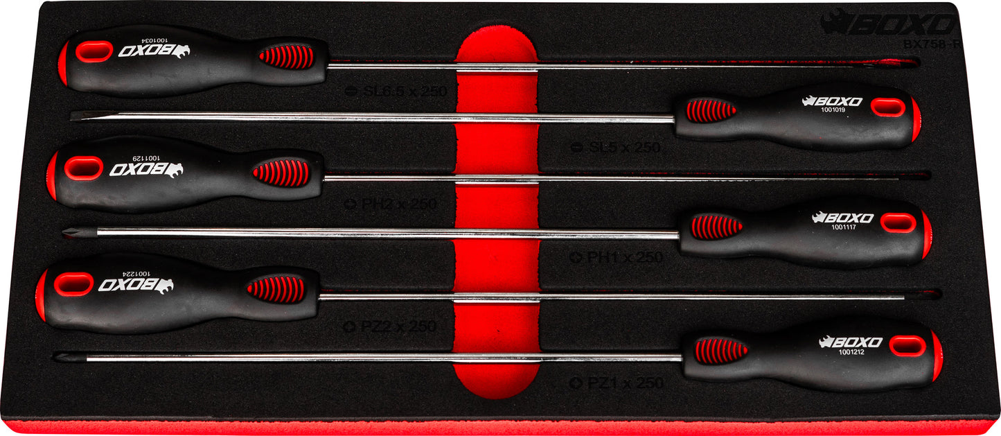 Boxo BX758-R 250mm Long Screwdriver Set In EVA Foam - 6 Piece