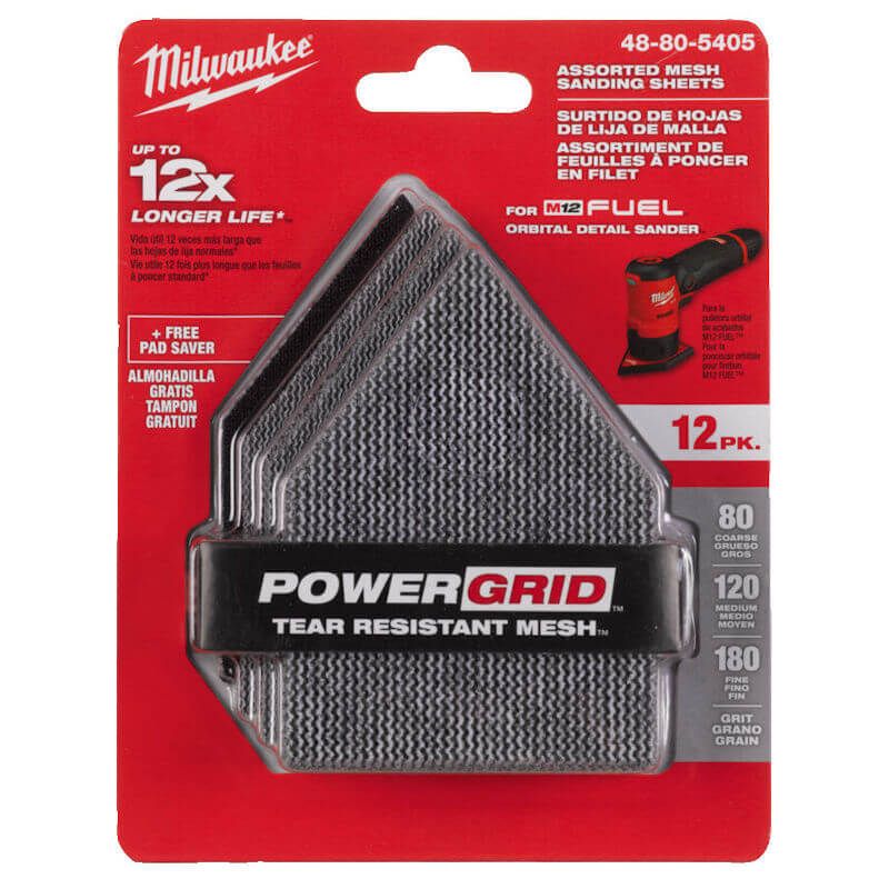 Milwaukee Assorted Grit Mesh Sanding Sheets For M12 FDSS - 12 Piece & Pad Saver - 48805405