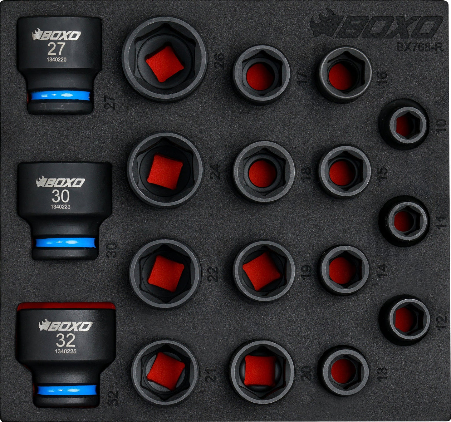 Boxo BX768-R 1/2" Drive Shallow Impact Socket Set In Foam - 18 Piece