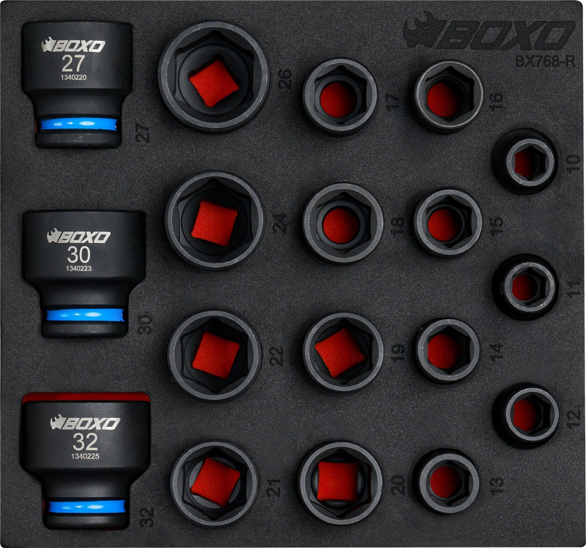 Boxo BX768-R 1/2" Drive Shallow Impact Socket Set In Foam - 18 Piece
