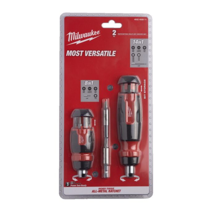 Milwaukee 4932492811 2 Piece 14 in 1 Ratchet Multi Bit Screwdriver & 8 in 1 Compact Ratcheting Multi Bit Screwdriver Set