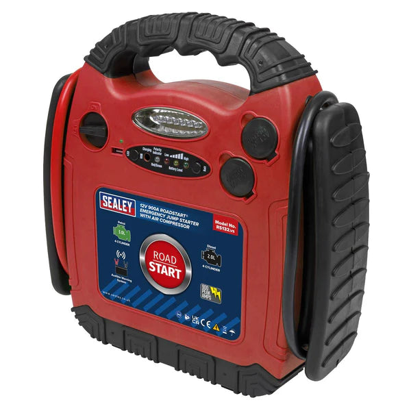 Sealey RS132 Roadstart Emergency Jump Starter With Air Compressor - 12v 900 Peak Amps