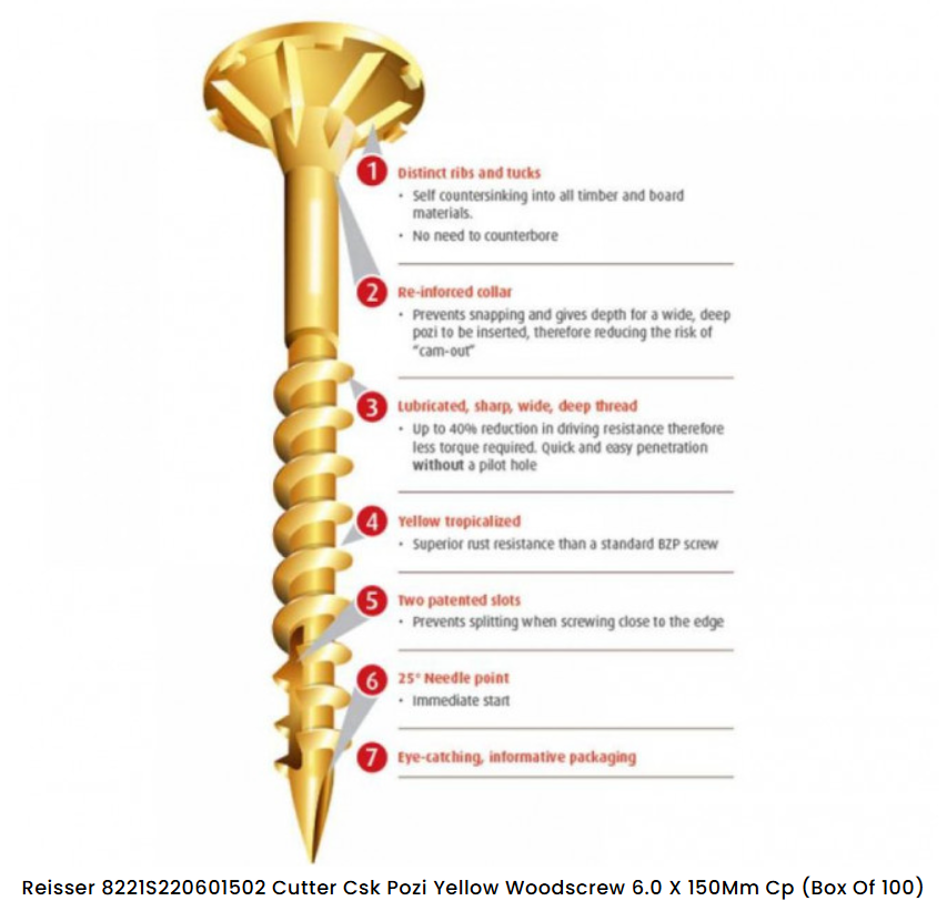 Reisser 8221S220450704 Cutter Pozi Yellow Wood Screw 4.5 x 70 mm Pack 200