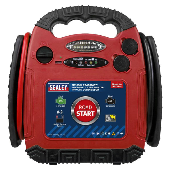 Sealey RS132 Roadstart Emergency Jump Starter With Air Compressor - 12v 900 Peak Amps