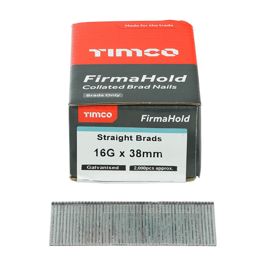 Timco BG1638 16 Gauge x 38mm Firmahold Collated Brad Nails - Straight - Galvanised - 2000 Pack