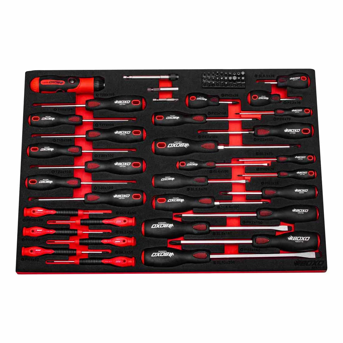 Boxo BX635-R Master Screwdriver Set In Foam - 65 Piece + FREE Boxo BX337-R2 1/4" Extension Set - 4 Piece