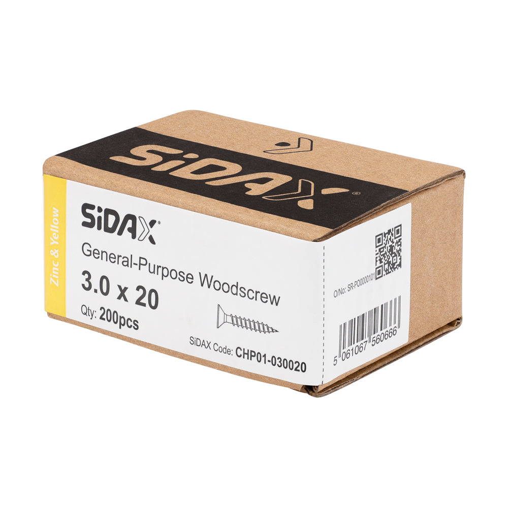 Sidax 3.0 x 20mm Countersunk Pozi Pz1, CHP01 General-Purpose Woodscrew