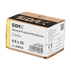 Sidax 4.0 x 25mm Countersunk Pozi Pz2, CHP01 General-Purpose Woodscrew