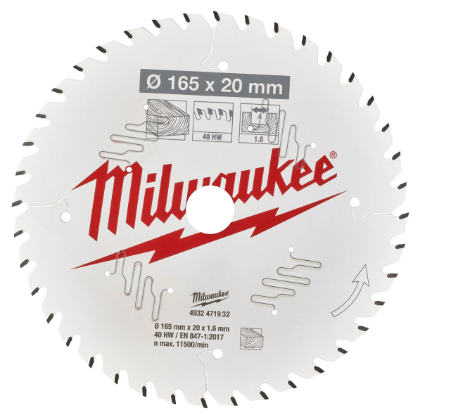 Milwaukee 4932471932 Circular Saw Blade 165mm x 20mm 1.6mm Kerf 40TPI - Wood