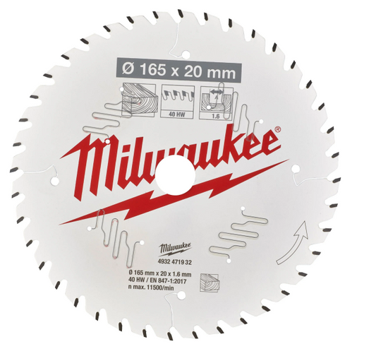 Milwaukee 4932471932 Circular Saw Blade 165mm x 20mm 1.6mm Kerf 40TPI - Wood