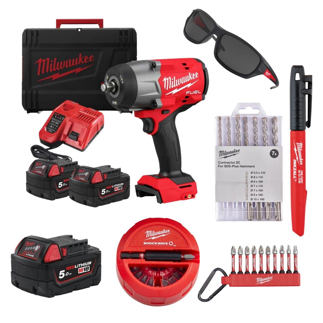 Milwaukee M18FHIW2F12-502X Fuel 1/2" New Generation High Torque Impact Wrench With Friction Ring Kit Black Friday Bundle