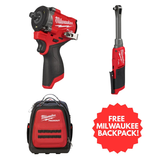 Milwaukee M12FCIWF38G3-0 3/8" Compact Impact Wrench + M12FHIR38LR-0 3/8" Drive High Speed Ratchet (Body Only) + FREE Milwaukee PACKOUT™ Backpack Bundle