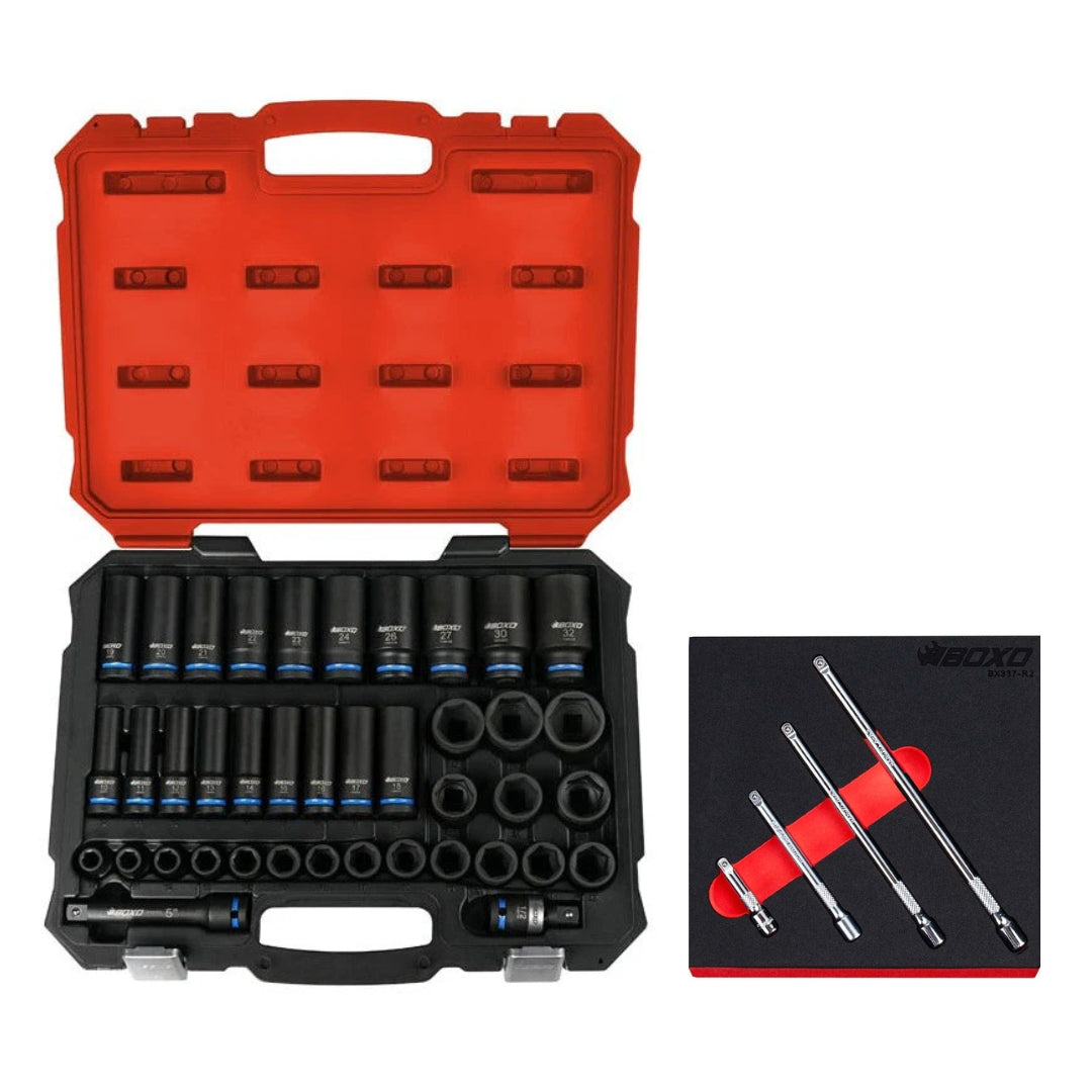 Boxo BXB022 1/2" Drive Master Impact Socket Set Shallow & Deep - 40 Piece + FREE Boxo BX337-R2 1/4" Extension Set - 4 Piece