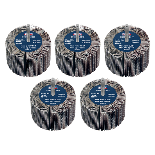 Sealey 
80 x 40mm Abrasive Flap Wheel on 6mm Shaft Assorted Grit - Pack of 5