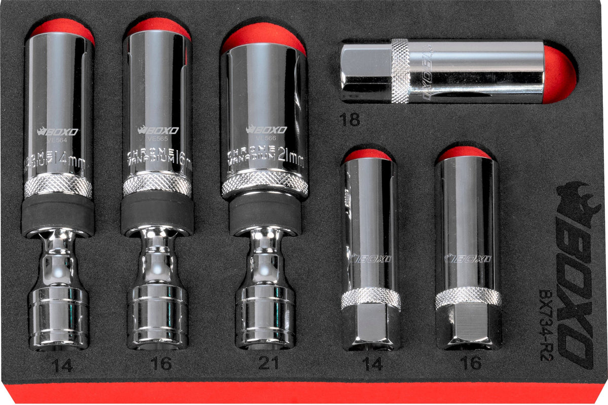 Boxo BX734-R2 3/8" Drive 12PT Thin Wall & Magnetic Spark Plug Socket Set - 6 Piece
