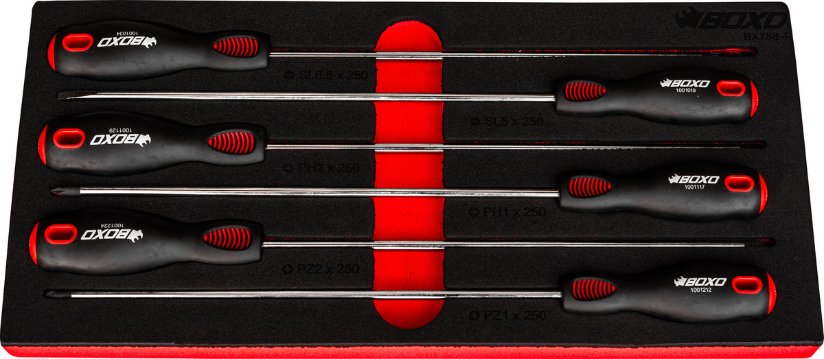 Boxo BX758-R 250mm Long Screwdriver Set In EVA Foam - 6 Piece