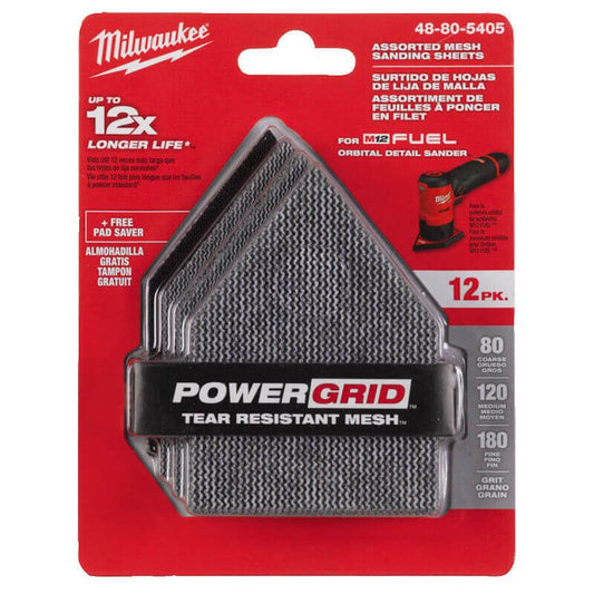 Milwaukee Assorted Grit Mesh Sanding Sheets For M12 FDSS - 12 Piece & Pad Saver - 48805405