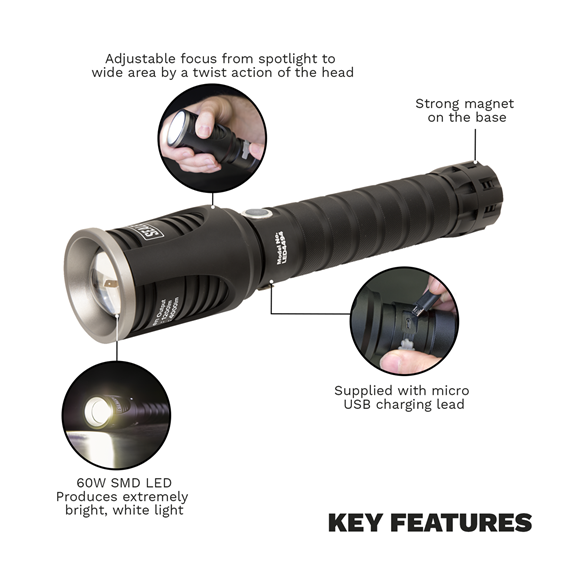 Sealey 
Rechargeable Aluminium Torch with Adjustable Focus 60W COB LED