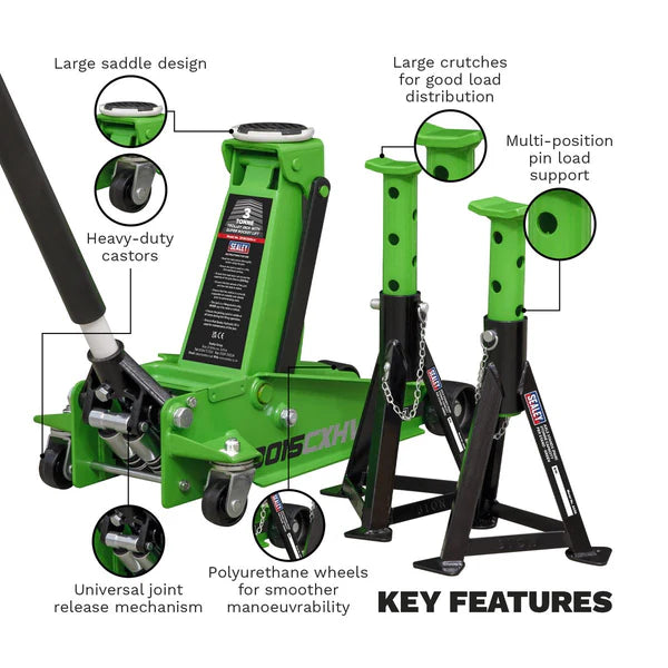 Sealey Trolley Jack with Super Rocket Lift 3 Tonne & Axle Stands (Pair) 3 Tonne Capacity per Stand - Green