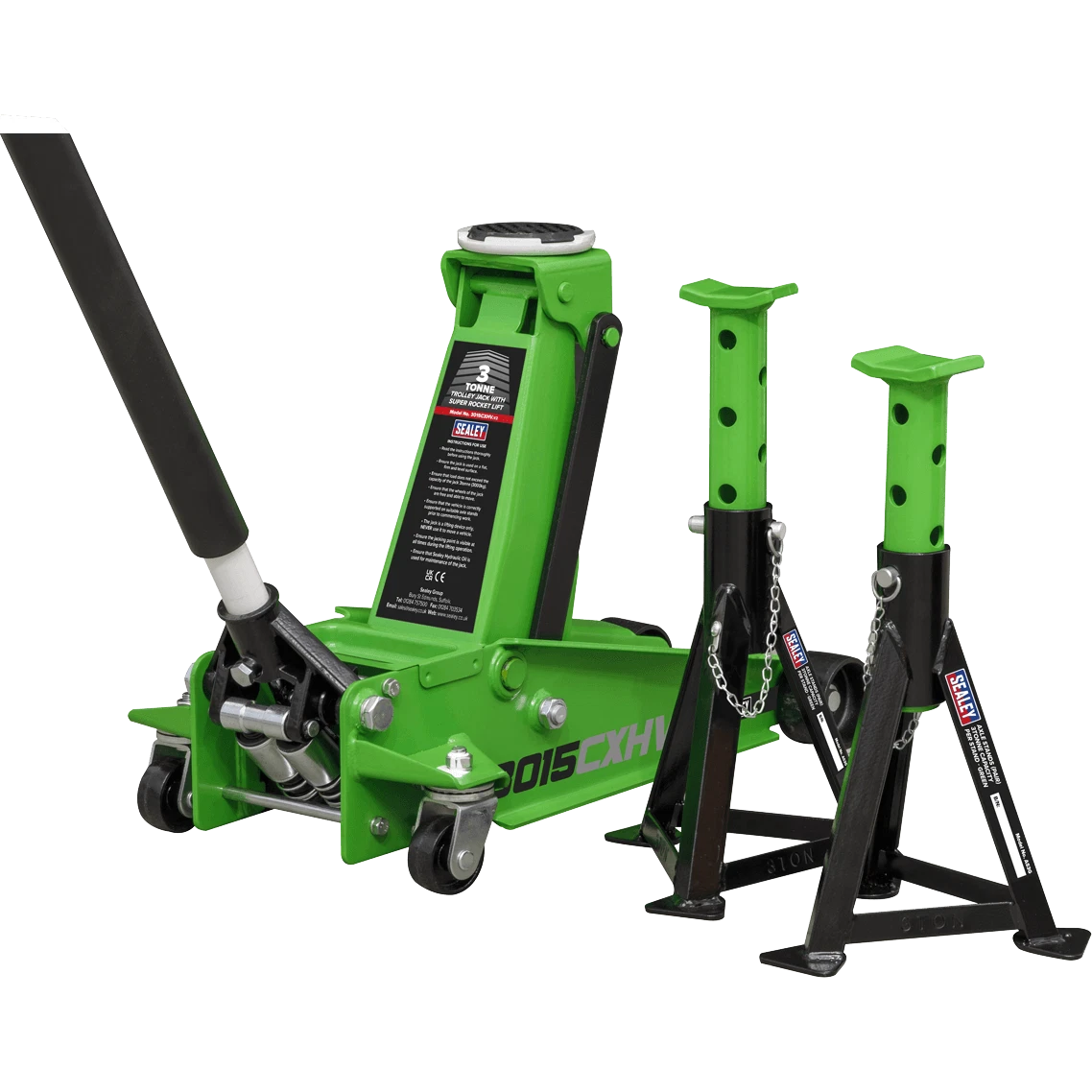 Trolley Jack with Super Rocket Lift 3 Tonne & Axle Stands (Pair) 3 Tonne Capacity per Stand - Green