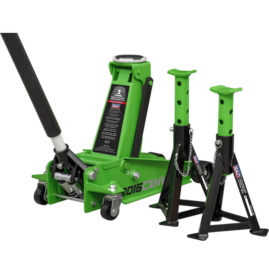 Trolley Jack with Super Rocket Lift 3 Tonne & Axle Stands (Pair) 3 Tonne Capacity per Stand - Green