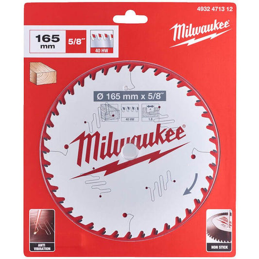 Milwaukee 4932471312 Circular Saw Blade 165mm x 5/8" 1.6mm Kerf 40TPI - Wood