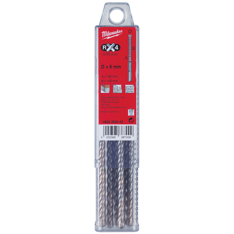 Milwaukee 10mm x 215mm MX4 4 Cut SDS+ Drill Bits