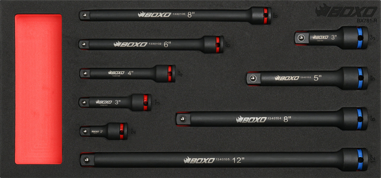 Boxo BX781-R 3/8" * 1/2" Drive Impact Extension Bar Set In Foam - 9 Piece